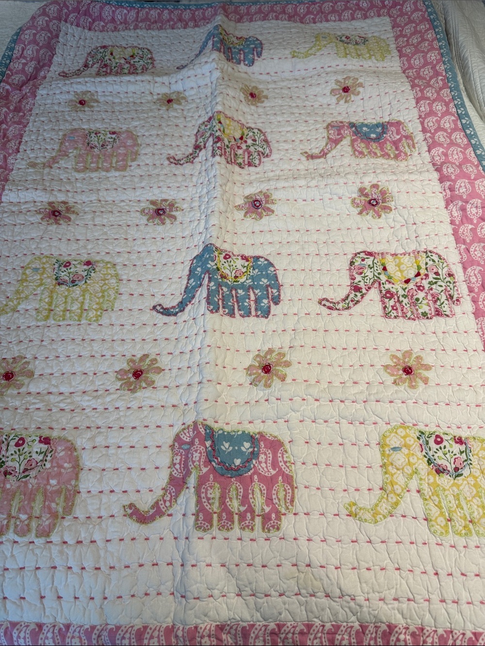 Pottery Barn Kids Pink, Blue, Yellow Elephant Quilted Baby Throw